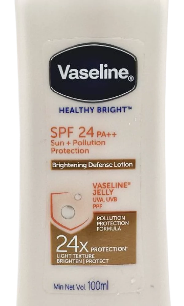 Vaseline Healthy Bright SPF24 Bodylotion, 100 ml flaske, beskytter mot sol og forurensning.