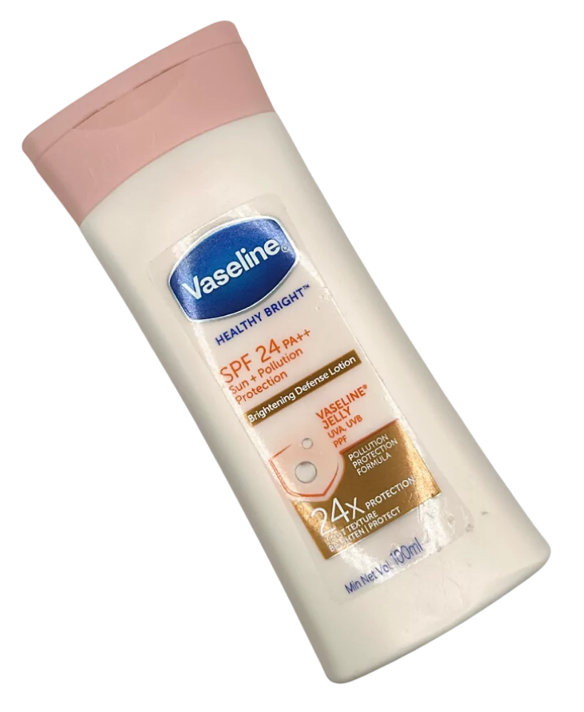 Vaseline Healthy Bright SPF24 bodylotion-flaske med rosa lokk, vist på produktside.