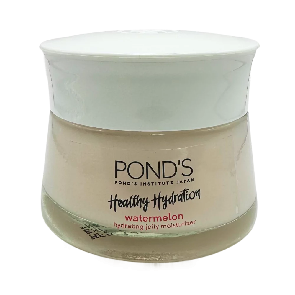 Face mask jar labeled "Pond's Healthy Hydration Watermelon" for daily skincare routine.
