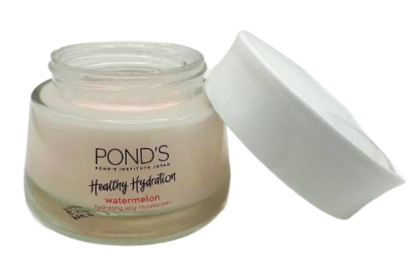 Hũ kem dưỡng ẩm Pond’s dưa hấu dạng gel, nắp mở, dành cho da mặt.