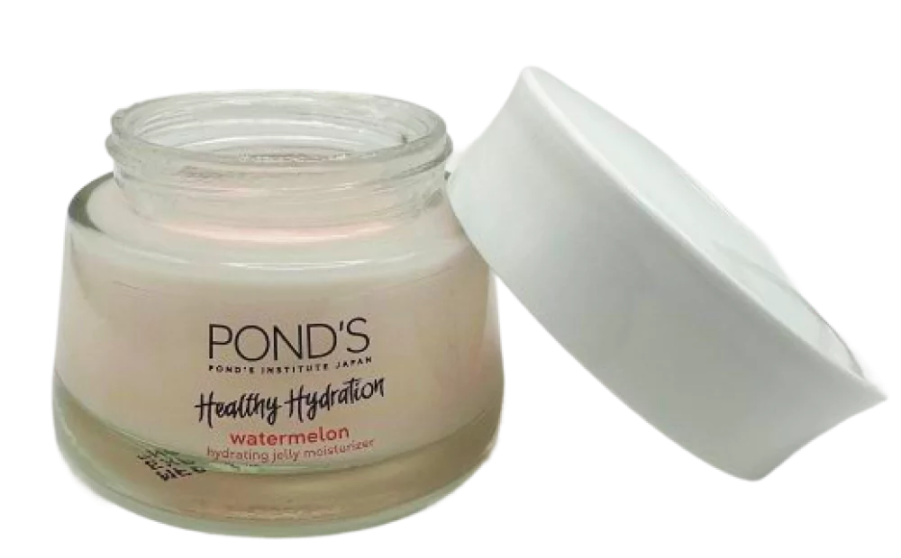 Hũ kem dưỡng ẩm Pond’s dưa hấu dạng gel, nắp mở, dành cho da mặt.