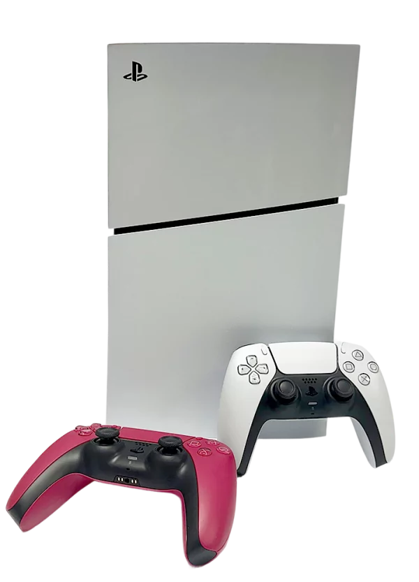 PlayStation 5 Slim console with one white and one red DualSense wireless controller in front.