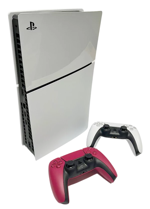 PlayStation 5 Slim console bundle with one white and one red DualSense wireless controller.