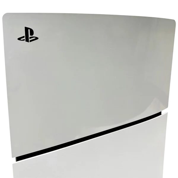 Close-up view of the PlayStation 5 Slim console in white, showing the PlayStation logo on the top left corner.