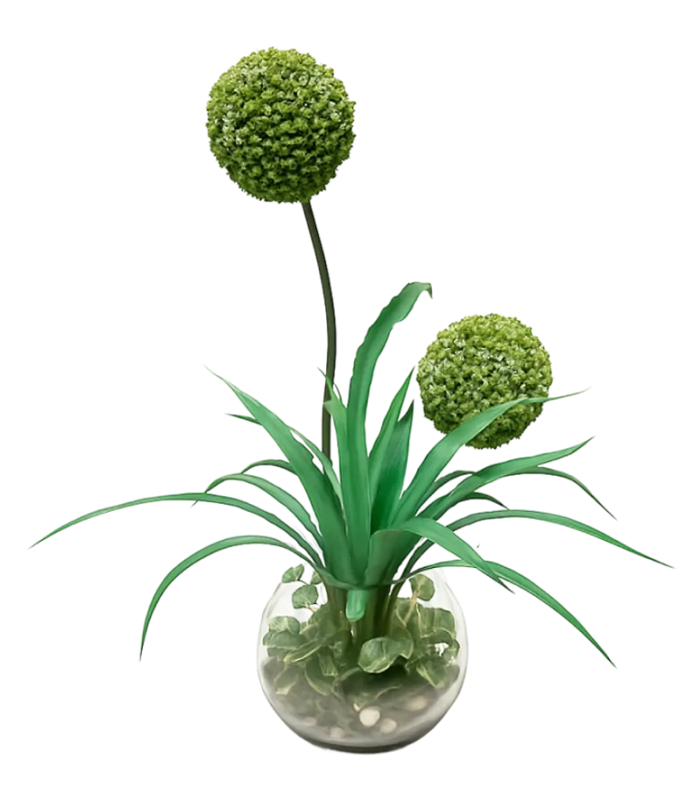 Faux topiary arrangement with two green spheres and leafy stems in a round glass pot.