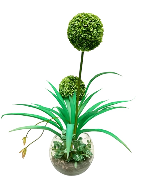 Mű Topiary Rendezet, gömb alakú műnövény üvegvázában, dekorációs termék oldalán.