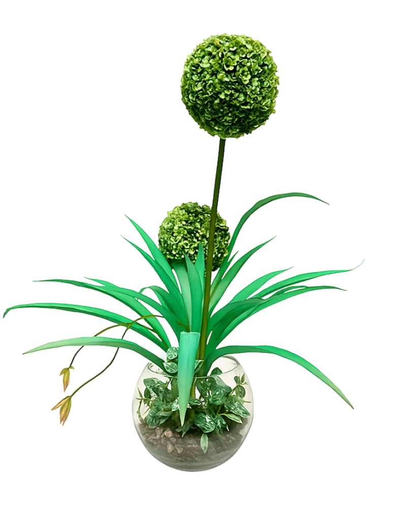 Mű Topiary Rendezet, gömb alakú műnövény üvegvázában, dekorációs termék oldalán.