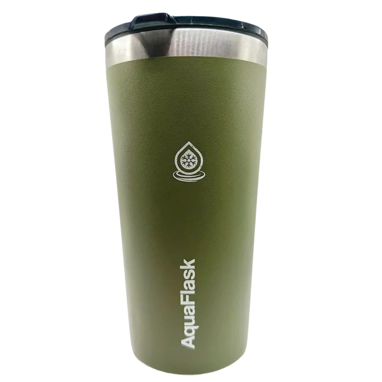 Green Aquaflask Insulated Cup with logo and stainless steel rim, shown upright on a plain background.