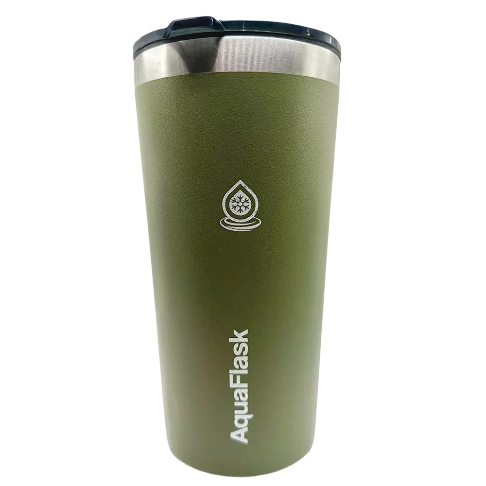 Olive green Aquaflask insulated cup, a coffee travel mug with lid, shown on a white background.
