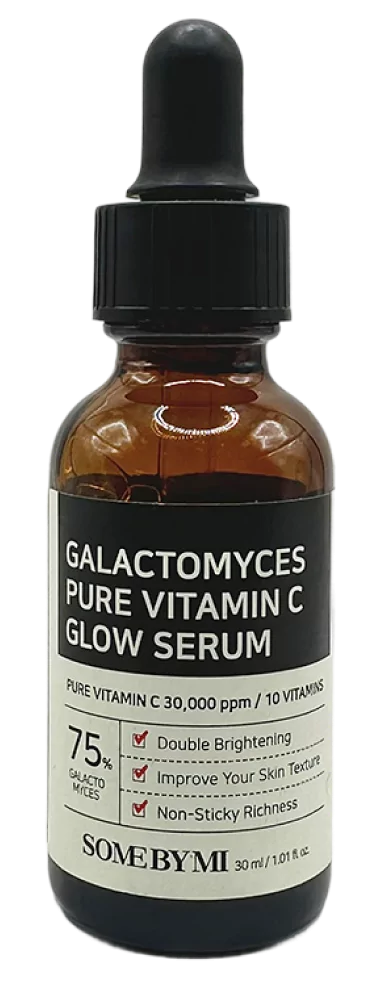 Botol serum Some By Mi Galactomyces Pure Vitamin C dengan label manfaat mencerahkan dan memperbaiki tekstur kulit.