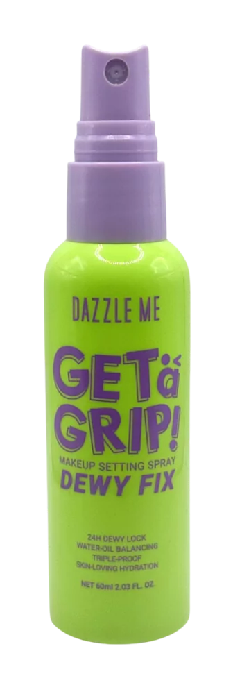 Botol semburan penetap solekan Dazzle Me Get a Grip! Dewy Fix berwarna hijau dan ungu.