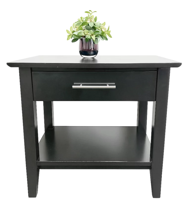 Sutton Black End Table with drawer and shelf, topped with a small potted plant.