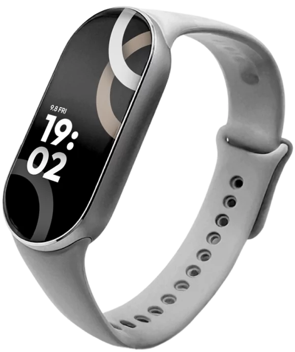 Xiaomi Smart Band 9 z zaobljenim zaslonom in sivim paščkom, prikaz ure na zaslonu.