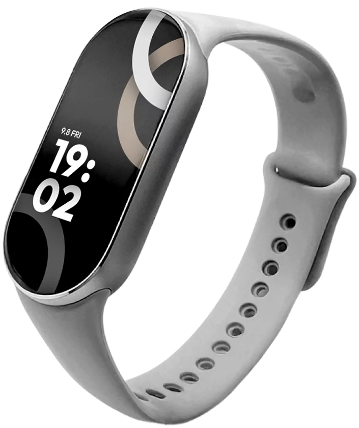 Xiaomi Smart Band 9 -aktiivisuusranneke, harmaa rannehihna, digitaalinen näyttö kelloajalla.