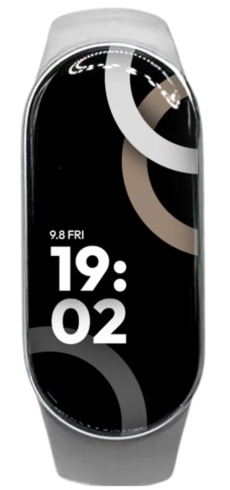 Xiaomi Smart Band 9 z zaslonom na dotik, prikaz ure in datuma na črnem ozadju.