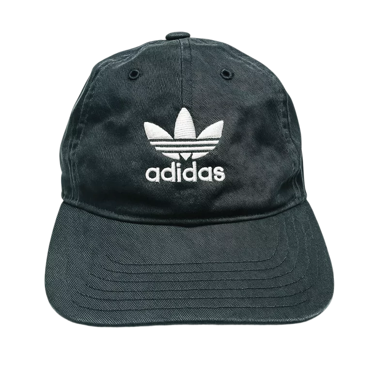 Black Adidas Originals cap with white trefoil logo and "adidas" text on the front.