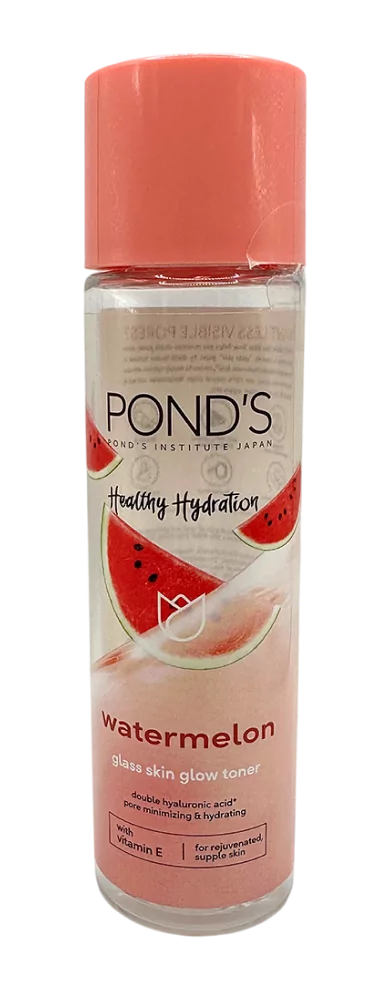 Botol Toner Pelembap Tembikai Pond's 100ml dengan label berwarna merah jambu dan gambar tembikai.