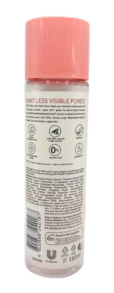 Melounový hydratační toner Pond’s, 110 ml, zadní strana obalu s informacemi o produktu.