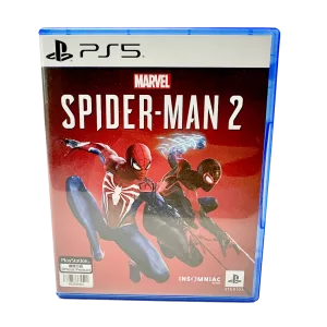 PS5 Marvel’s Spider-Man 2 game case featuring Spider-Man and Miles Morales in action poses.