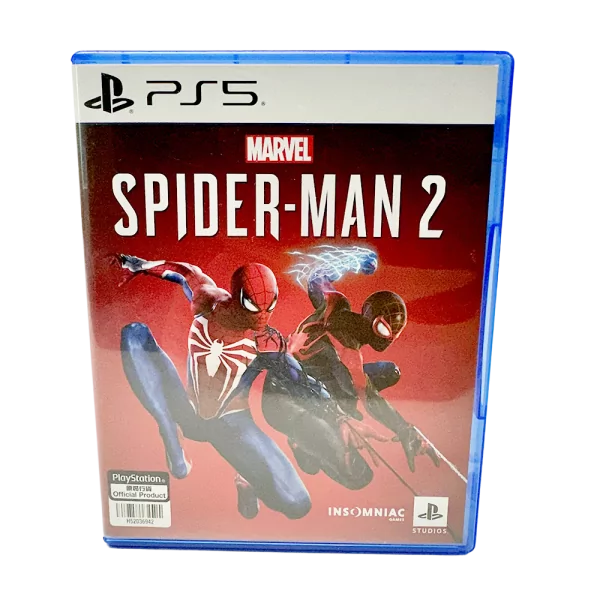 PS5 gaming bundle featuring Marvel's Spider-Man 2 game cover with two Spider-Man characters in action.