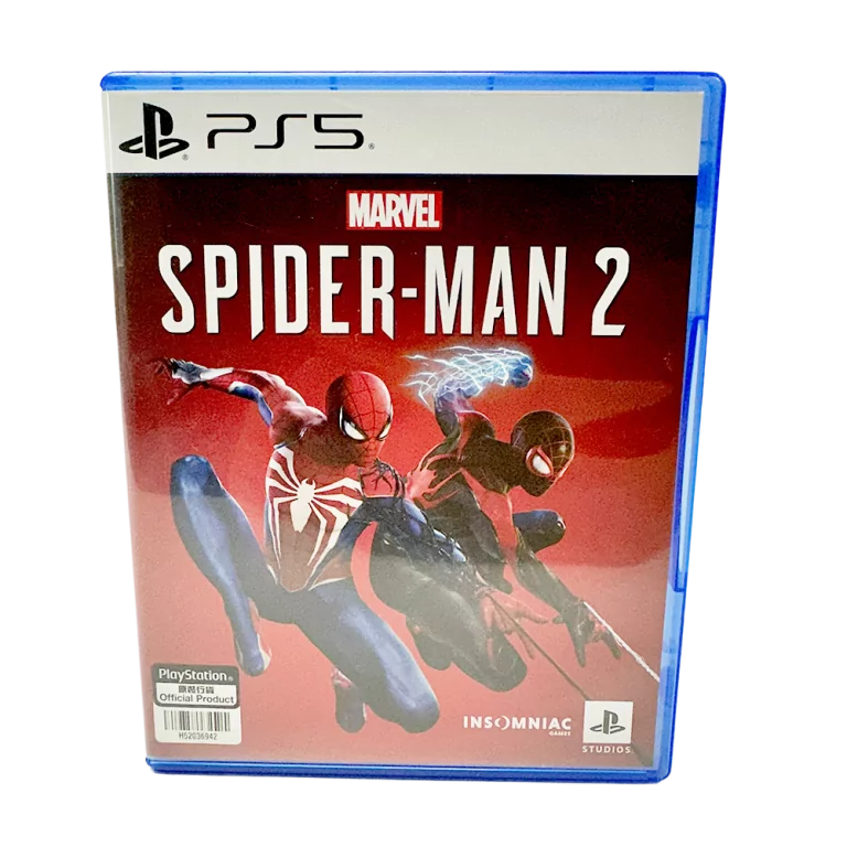 Forside af PS5 Marvel Spider-Man 2 spil med to Spider-Man figurer og logoer på rød baggrund.