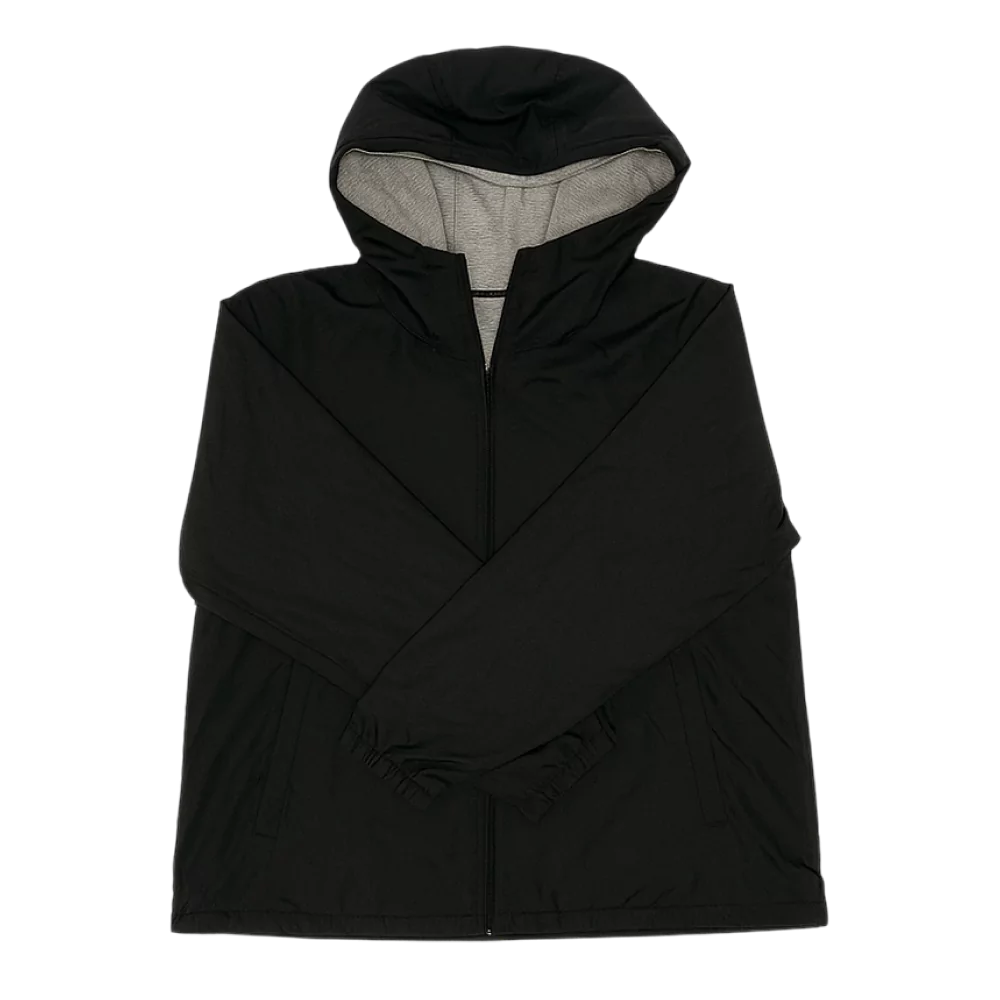 Parka reversibile Uniqlo nera con cappuccio, zip frontale e interno grigio chiaro, vista frontale.