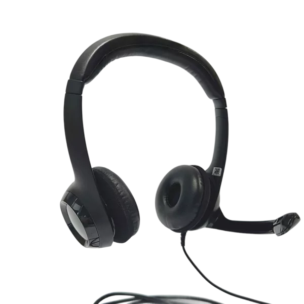 Logitech H390 langallinen kuulokemikrofoni, musta headset ja mikrofoni tuotesivulla.