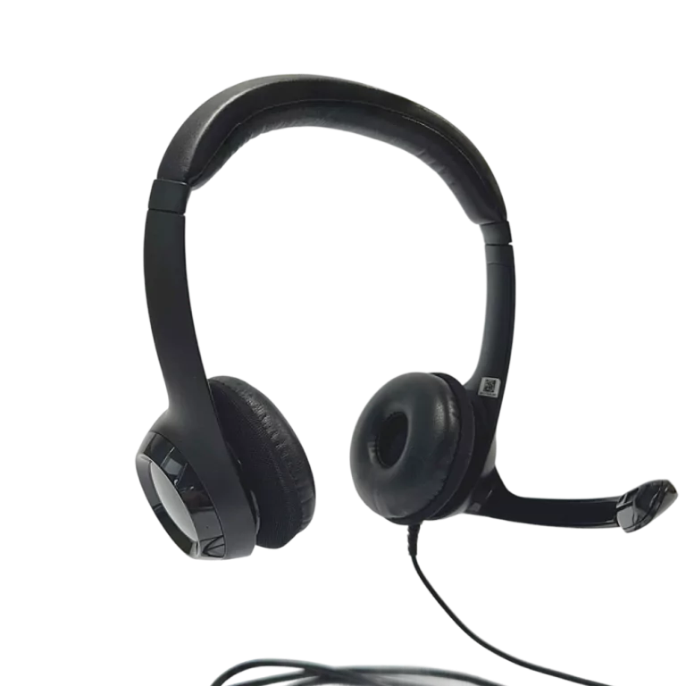 Logitech H390 langallinen kuulokemikrofoni, musta headset ja mikrofoni tuotesivulla.