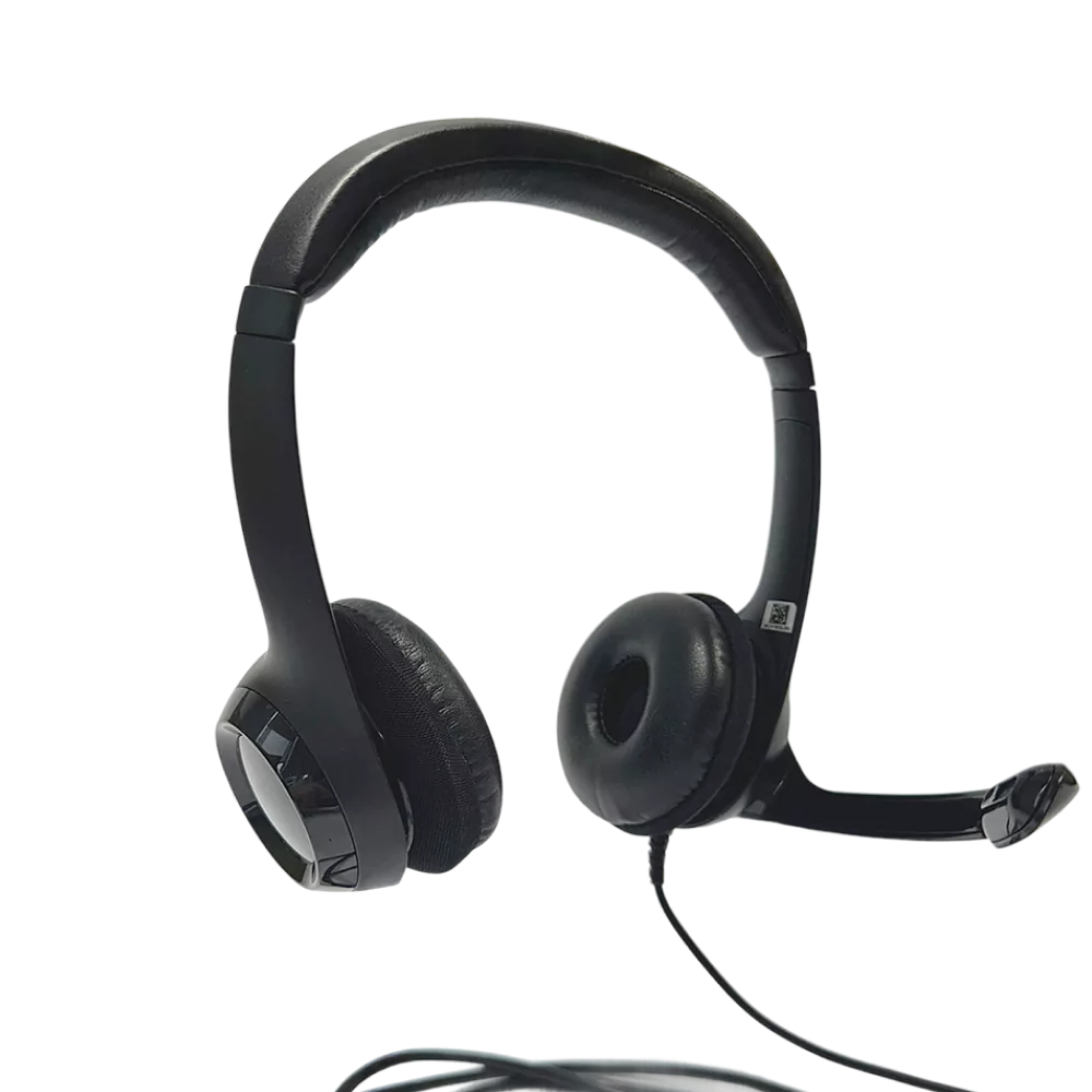 Logitech H390 langallinen kuulokemikrofoni, musta headset ja mikrofoni tuotesivulla.