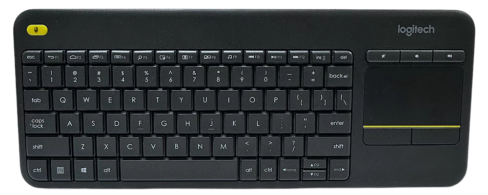 Wireless keyboard with touchpad, ideal for a desk with monitor stand in the Home Office Starter Bundle setup.