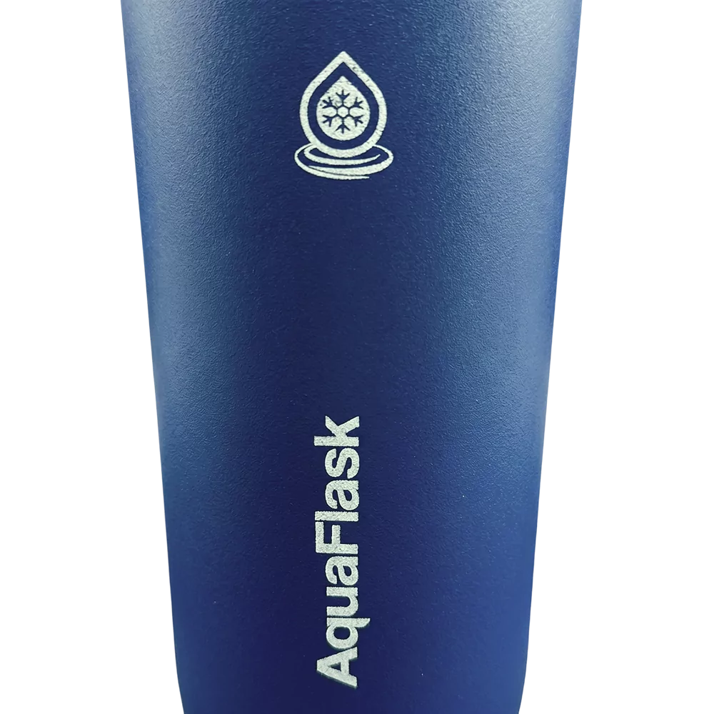 Blue AquaFlask insulated cup, ideal for coffee travel mugs, featuring a white logo and sleek design.