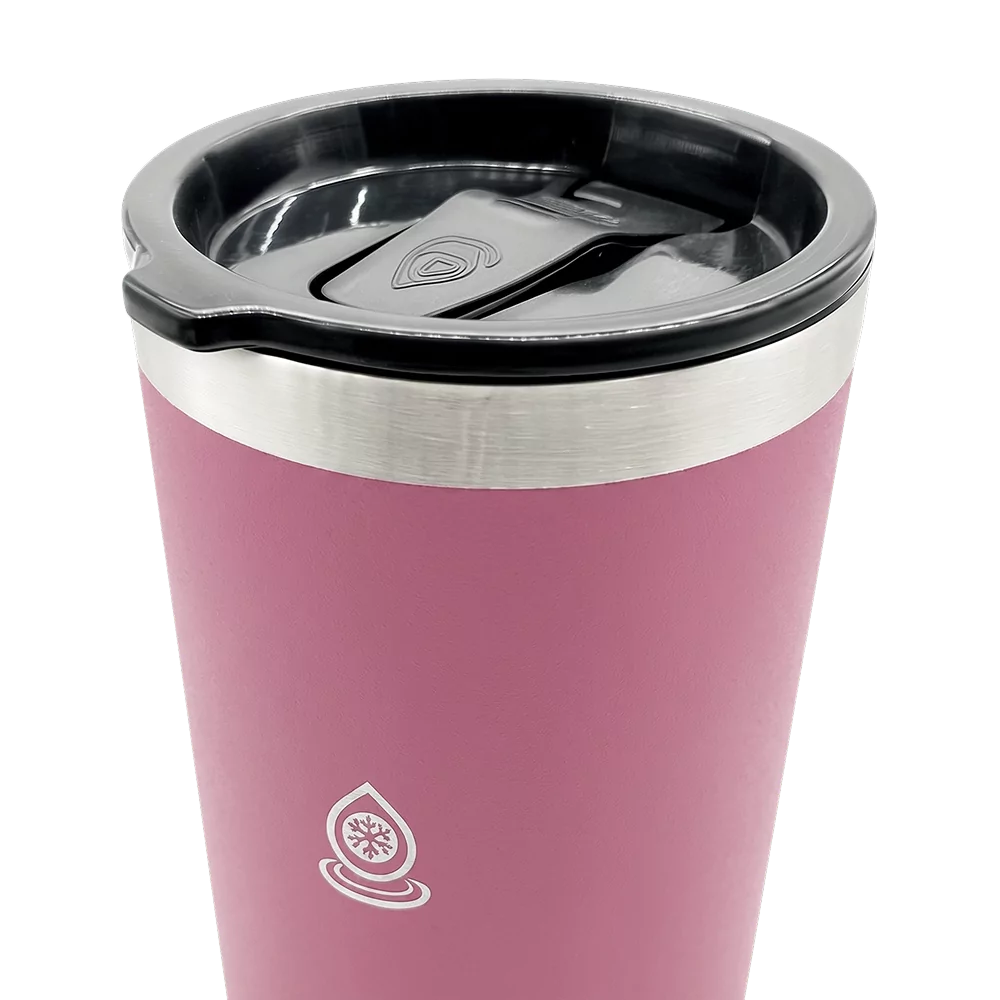 Pink Aquaflask Insulated Cup with lid, ideal for hot drinks; perfect coffee travel mug for on-the-go use.