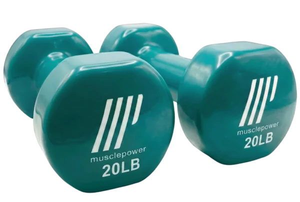 Dve uteži Muscle Power 20LB na beli podlagi, športna oprema za vadbo.