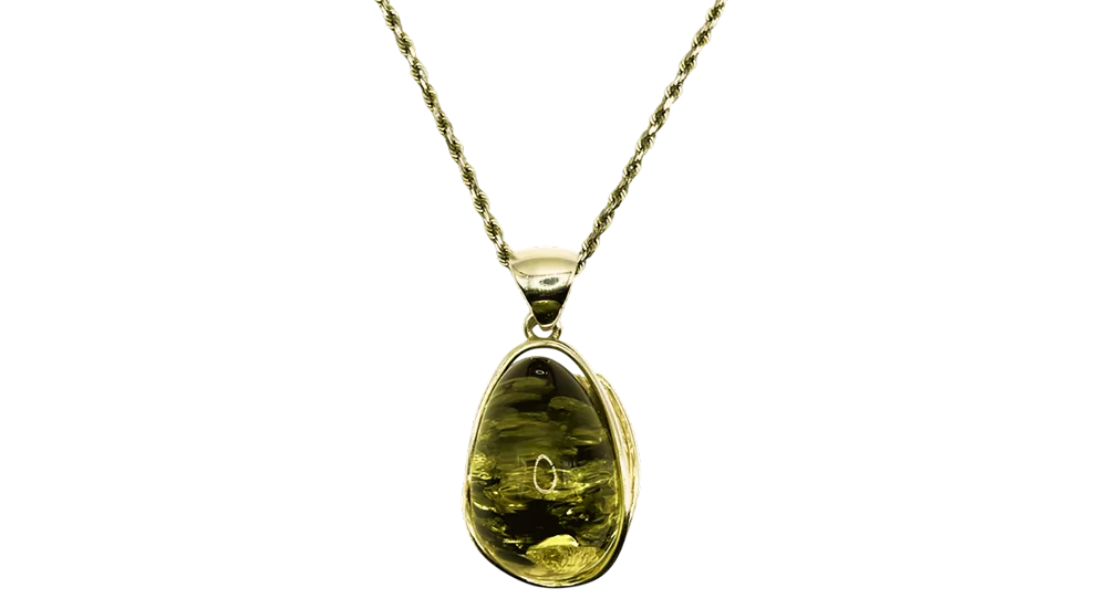 Kalung rantai tali dengan loket amber bentuk titisan, digantung pada rantai emas.
