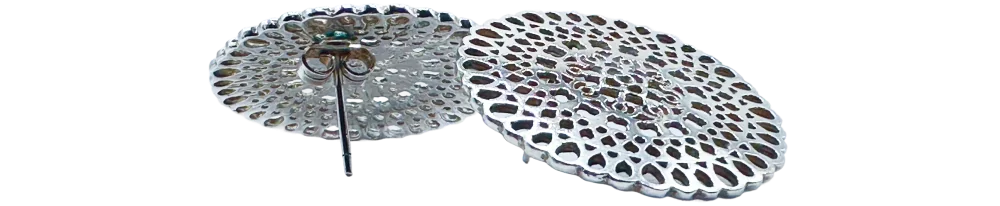 Stříbrné náušnice s kotoučem, zdobené jemným výřezy ve tvaru mozaiky, detailní pohled na produkt.