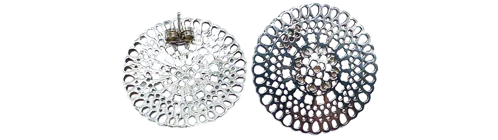 Stříbrné náušnice s kotoučem s jemným filigránovým vzorem, detailní pohled na šperk.