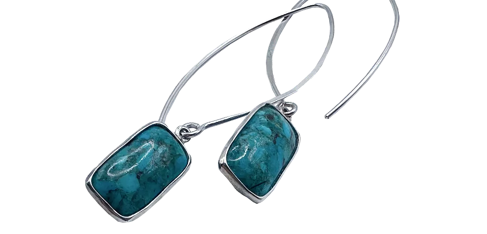 Stříbrné visací náušnice s obdélníkovým tyrkysem na elegantním háčku.