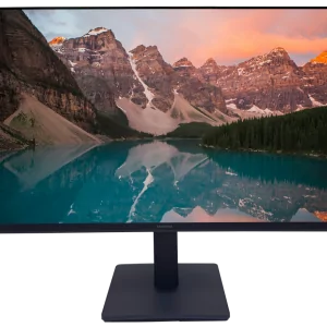 Modern desk with monitor stand, featuring a widescreen display showing a mountain lake landscape.