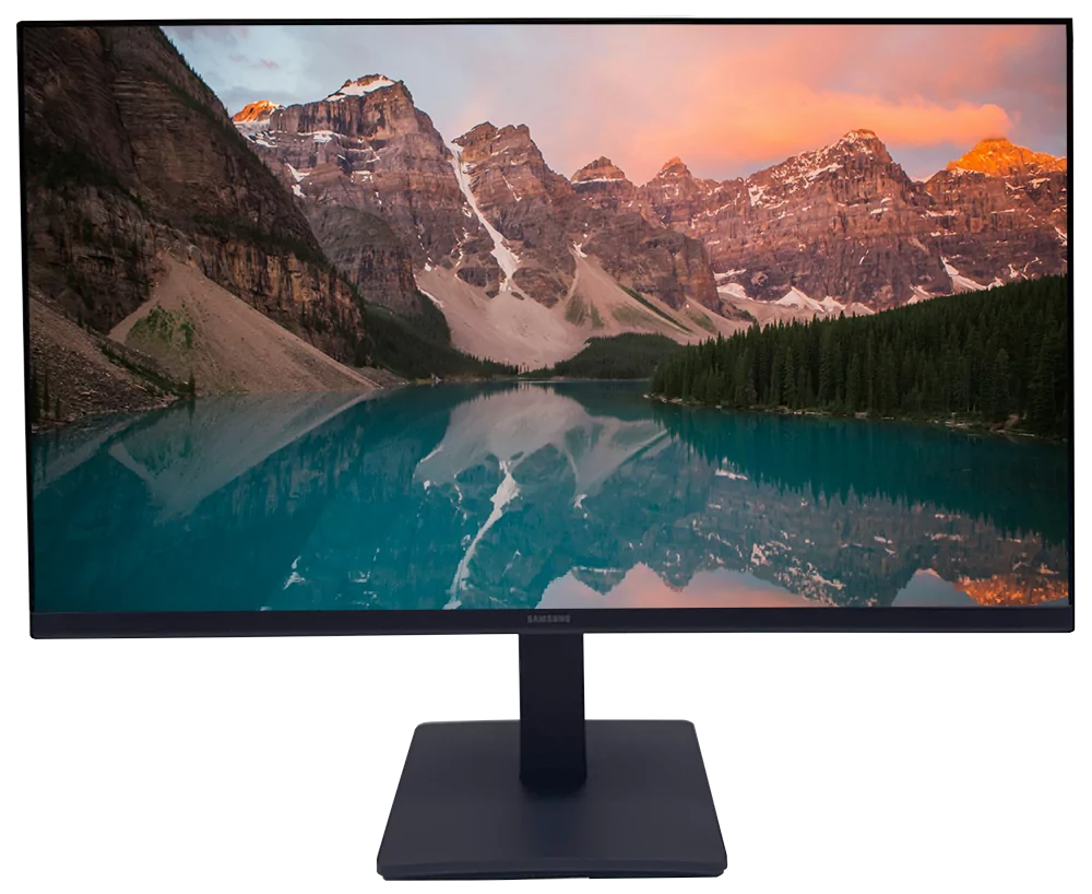 Modern desk with monitor stand, featuring a widescreen display showing a mountain lake landscape.