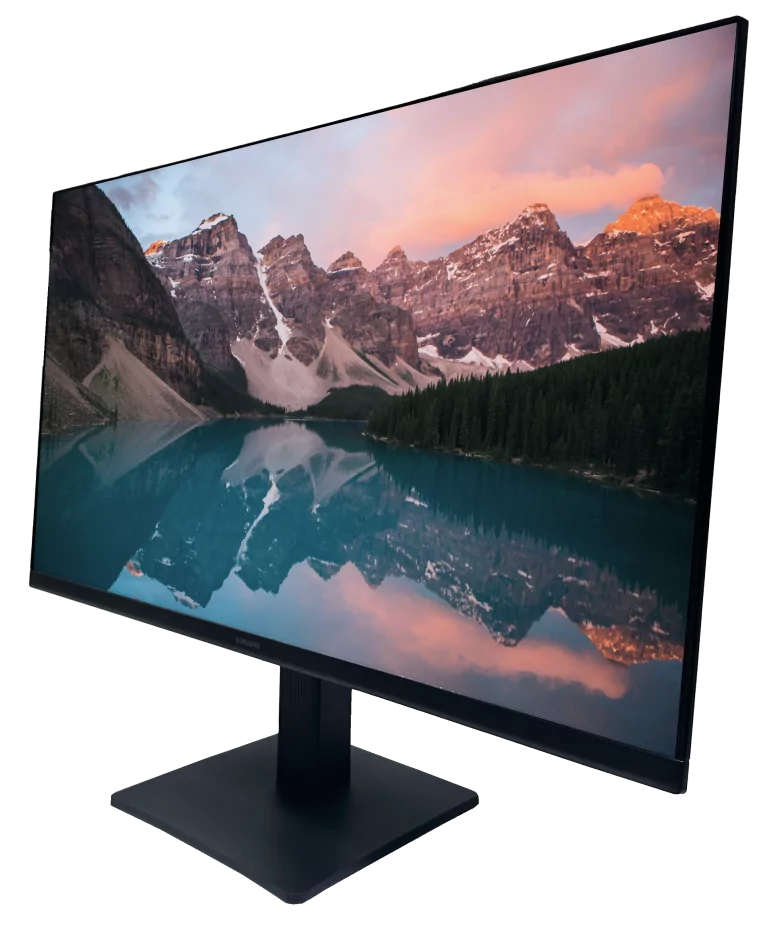 Monitor Samsung Essential S3 24”, paparan FHD IPS, skrin menampilkan pemandangan gunung dan tasik.