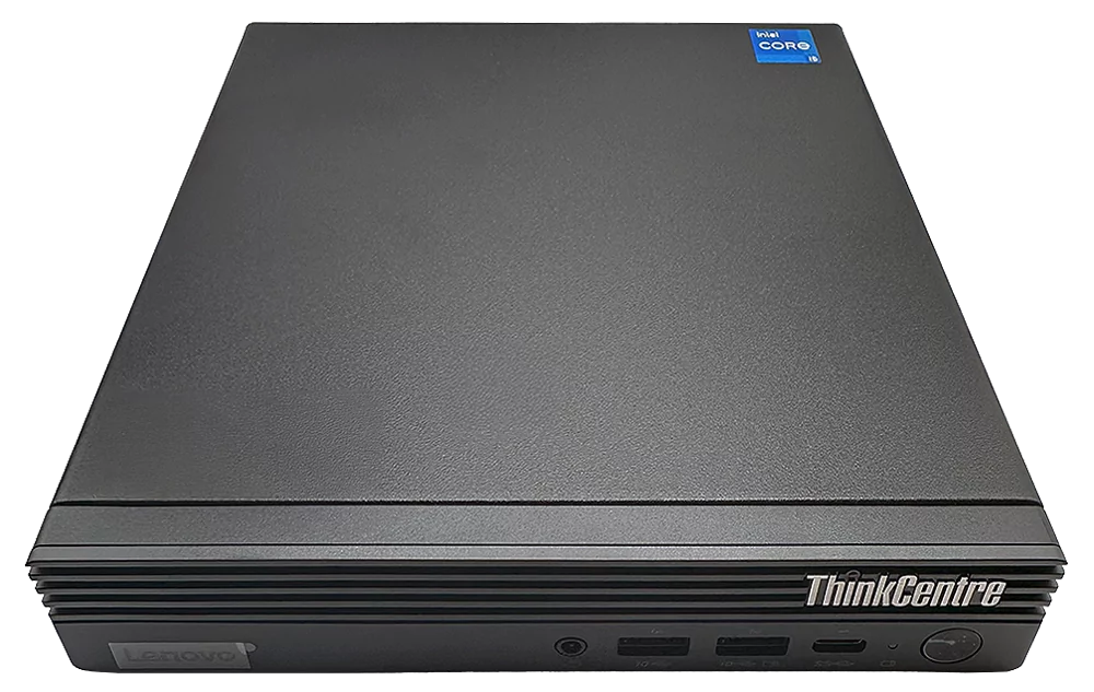 Gambar depan Lenovo ThinkCentre M70q Gen 5 PC Desktop berwarna hitam dengan logo di sudut kanan bawah.
