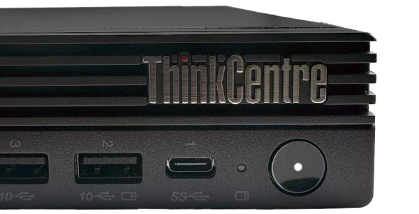 Bahagian depan Lenovo ThinkCentre M70q Gen 5 dengan port USB dan butang kuasa.