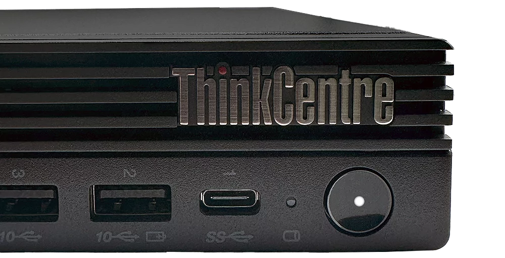 Bahagian depan Lenovo ThinkCentre M70q Gen 5 dengan port USB dan butang kuasa.