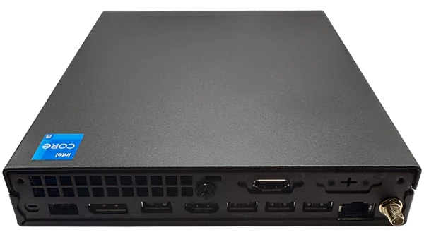 Lenovo ThinkCentre M70q Gen 5 dilihat dari belakang, memaparkan pelbagai port sambungan.