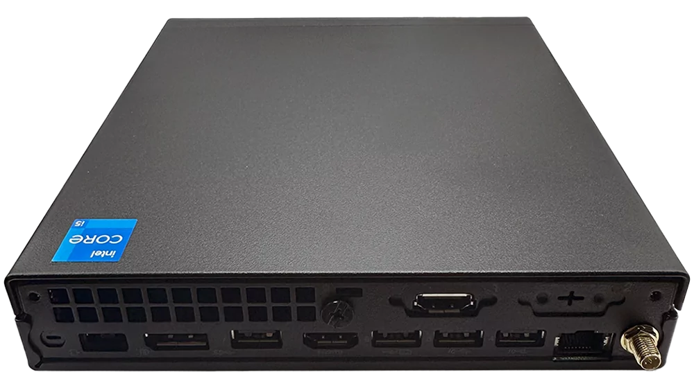 Lenovo ThinkCentre M70q Gen 5 dilihat dari belakang, memaparkan pelbagai port sambungan.