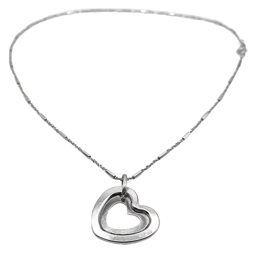 Silver heart pendant necklace with a delicate chain, featuring an open double-heart design.