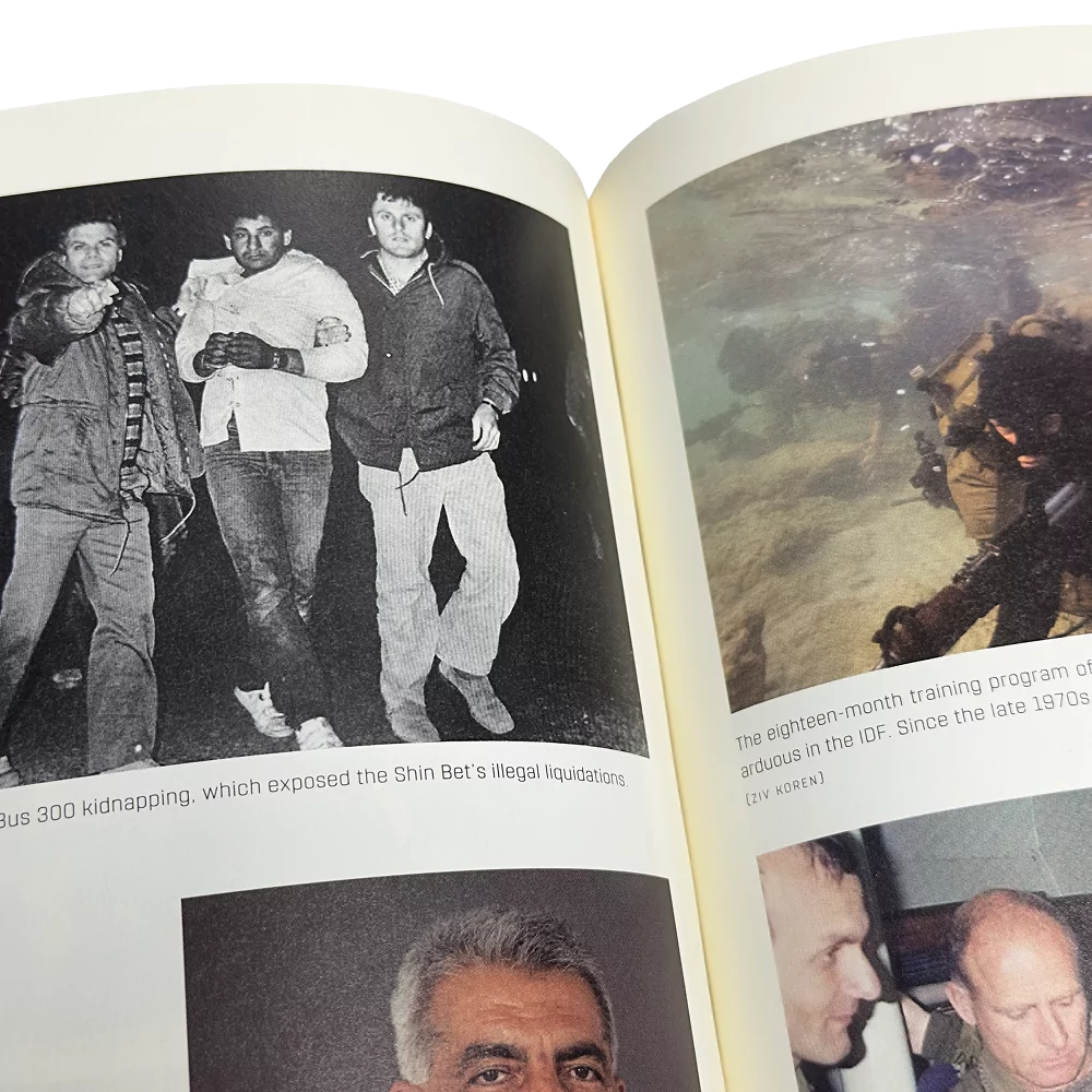 Opslået billede fra bogen "Rise and Kill First" med historiske sort-hvide og farvefotos.