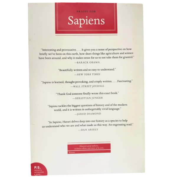 Capa traseira do livro "Sapiens" com elogios de personalidades e veículos renomados.
