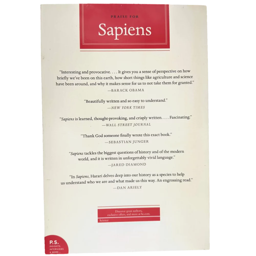 Capa traseira do livro "Sapiens" com elogios de personalidades e veículos renomados.