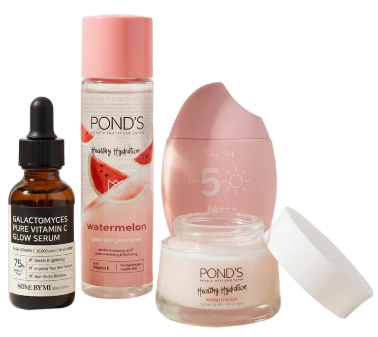 Daily skincare routine products including face mask, serum, toner, sunscreen, and moisturizer on white background.